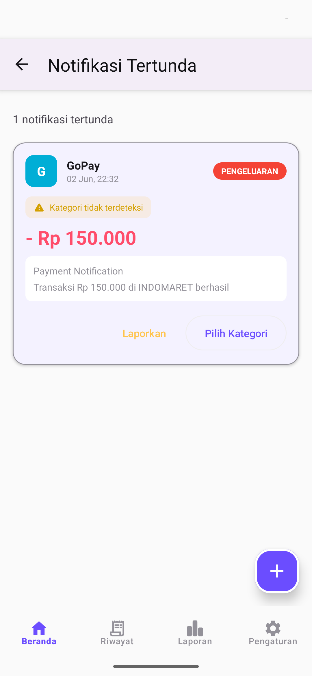 Daftar transaksi terdeteksi otomatis dari notifikasi